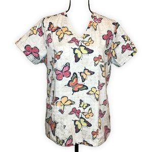 SB Scrubs Butterfly Floral Pocket V-Neck Top Size Small